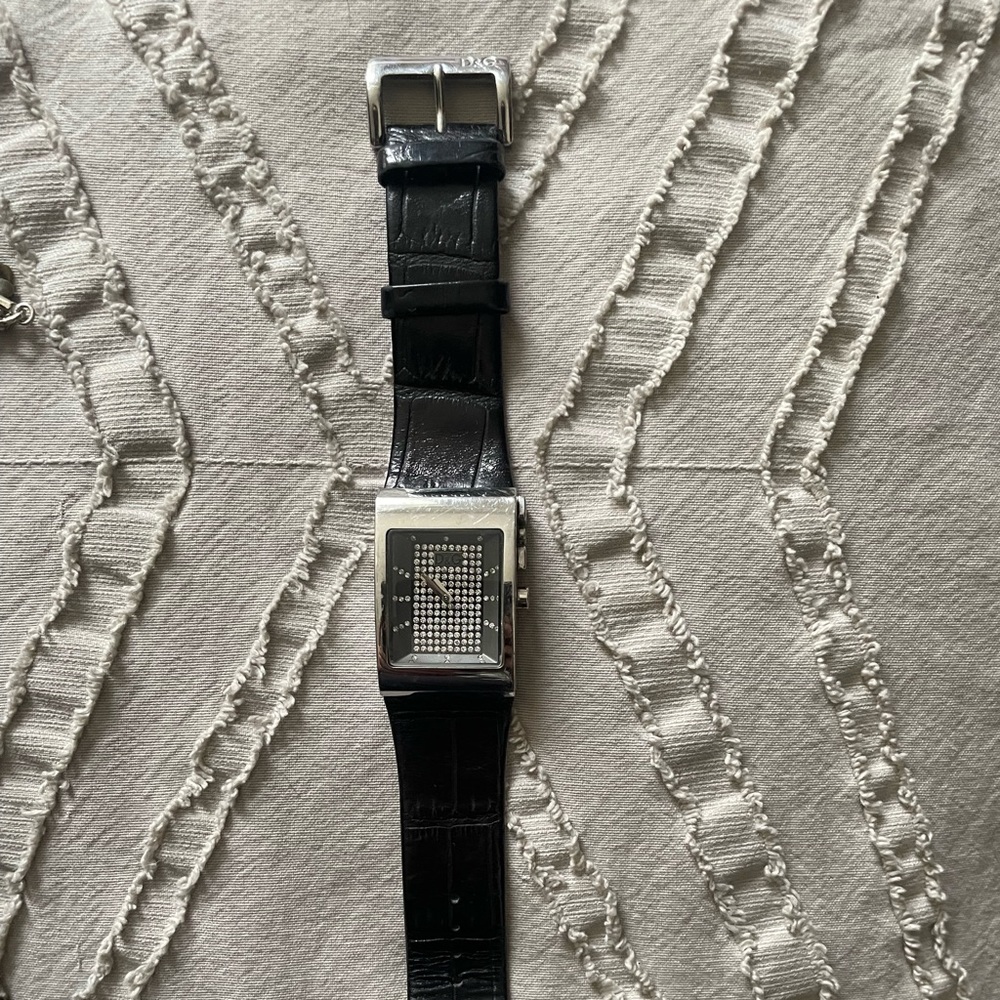 Authentic Dolce and Gabbana black leather watch with crystal face